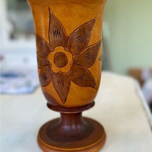 Vintage~Hand Carved Hand Turned~Wood Vase~2 Tone Flower Leaf~Bohemian~Home Decor